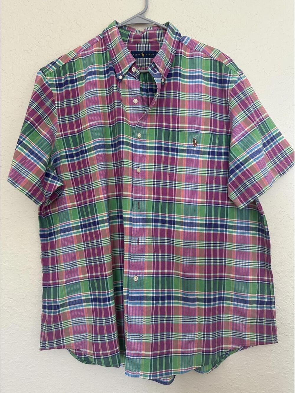 Vtg Ralph Lauren Mens Small Rainbow Madras Plaid Short Sleeve Button Down Shirt